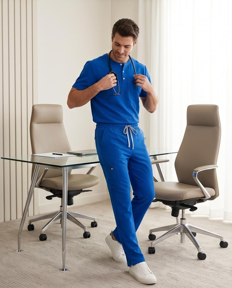 Scrubs Homme – Ensemble Pantalon Droit & Haut Col 3 Boutons